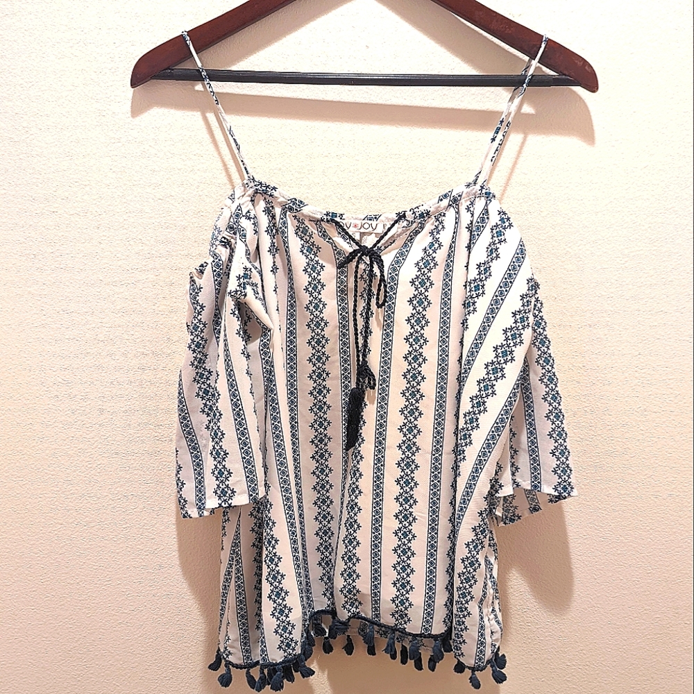 Joy Joy Size Small White and Blue off the shoulder top